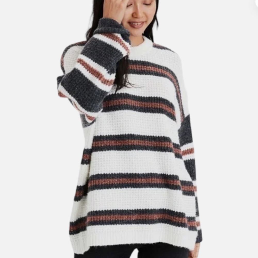 American Eagle Crew Neck Striped Waffle Knit Top XS White Grey Rust Oversized